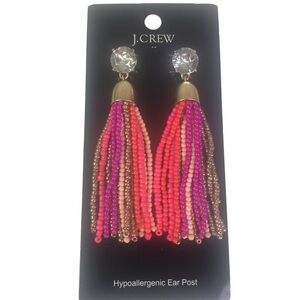 New J Crew Colorful streamer tassel earrings Crystal Pink Gold tone